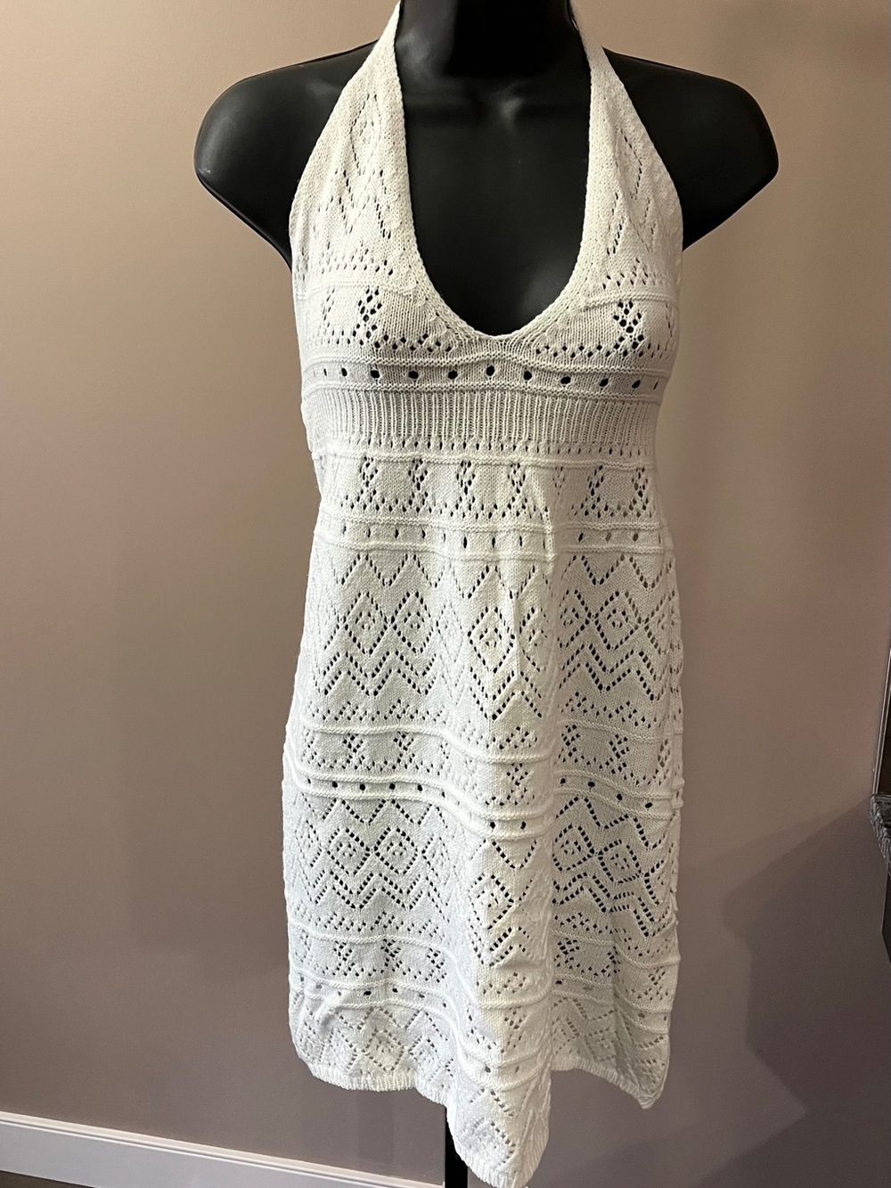 Women's White Crochet Halter Swim Cover-Up Dress